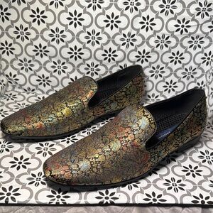 Giorgio Brutini embossed damask floral pattern Gold and Black smoker Loafers 11